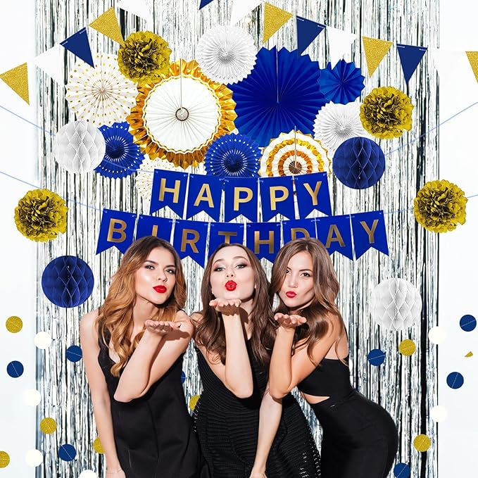 Navy Blue and Gold Happy Birthday Party Decoration 24Pcs Hanging Paper Fans - Image 7