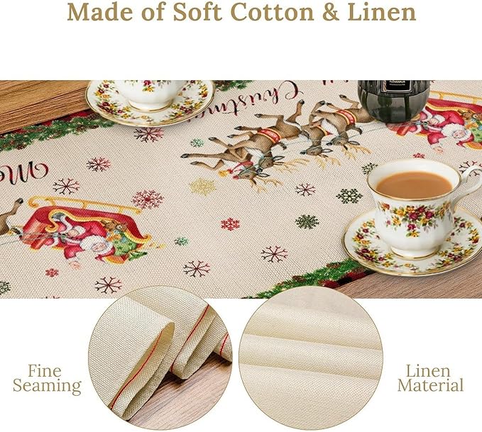 Christmas Table Runner, Xmas Deer Cute Santa Claus Red Plaid Pattern Printed - Image 3