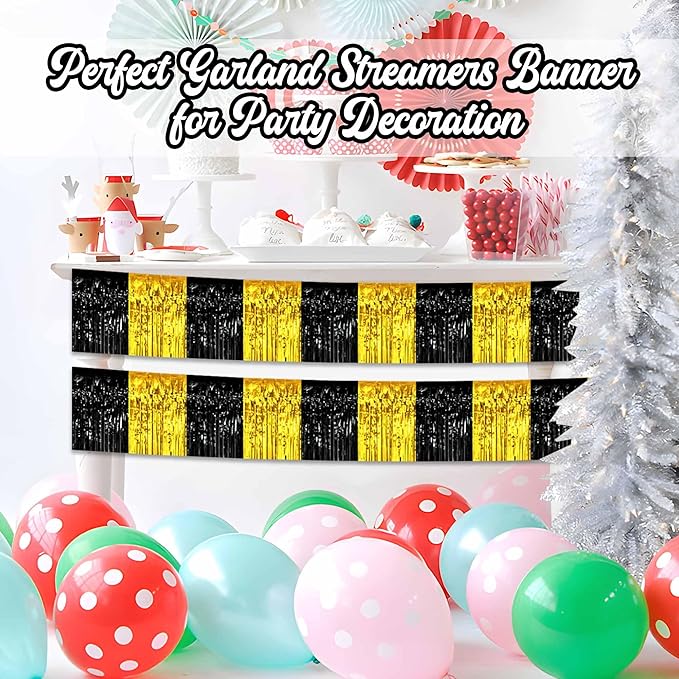 6 Pack 10 Ft Black and Gold Foil Fringe Garland Metallic Streamers Tinsel - Image 4