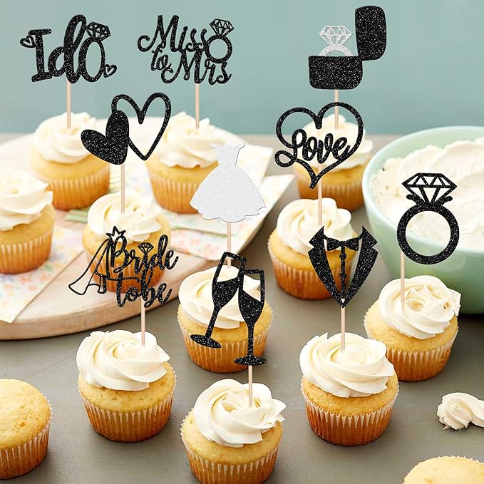 30 PCS Bride to Be Cupcake Toppers Glitter Miss to Mrs I Do Love Heart Ring - Image 4