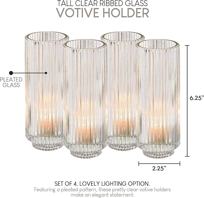 Serene Spaces Living Set of 4 Tall Clear Ribbed Glass Votive Holder, Measures - Image 6