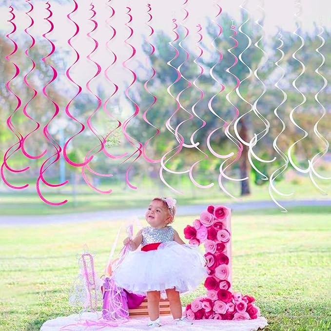 36 Pcs Hot Pink Hanging Swirl Decorations Ombre Pink White Felt Swirl Streamer - Image 3
