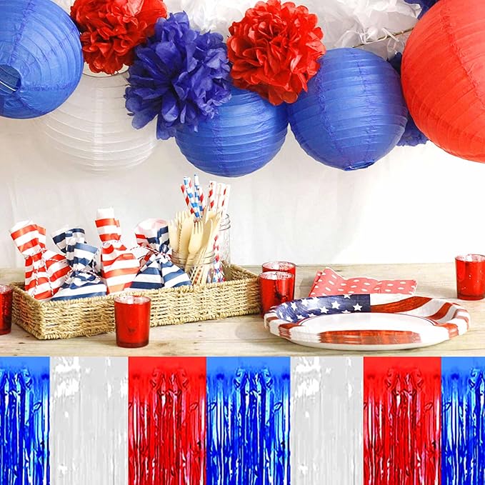 3 Pack White Blue Red Foil Fringe Table Skirts Metallic Tinsel Streamers - Image 7