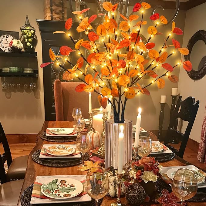 3Pcs Lighted Eucalyptus Leaves Branches, 30” Timer Fall Eucalyptus Stems - Image 2