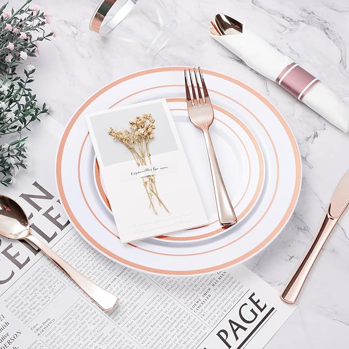 BESTVIP 350PCS Rose Gold Plastic Dinnerware Set, Disposable Party Plates - Image 5