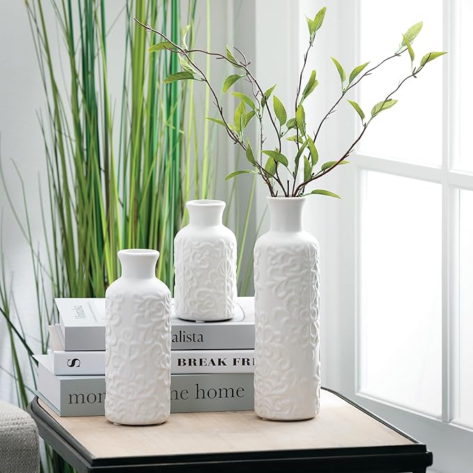 Sullivans Small White Embossed Ceramic Vase Set of 3, Matte Finish, Vases - Image 2