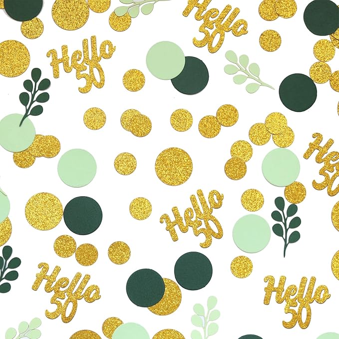 300PC Gold Glitter and Sage Green Happy 50th Birthday Decorations - Image 2
