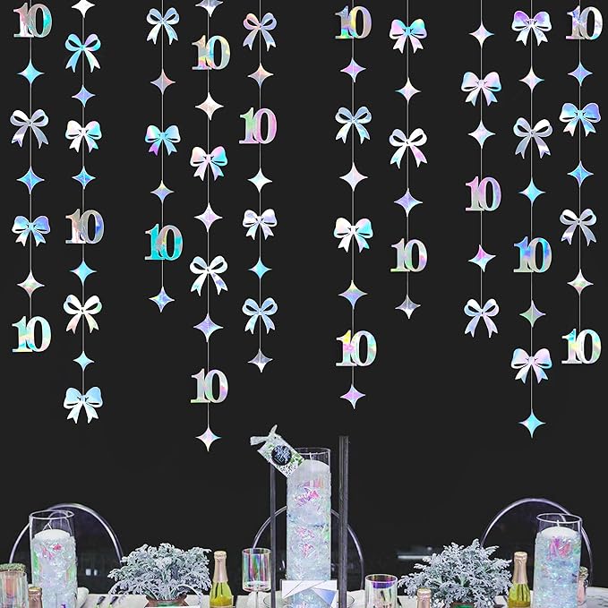 Iridescent 10th Bow Birthday Decorations Glitter Conquette Bow Garland Streamer by pinkblume
