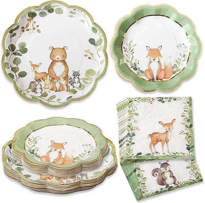 Kate Aspen Woodland Baby Shower Decorations, 62-Piece Disposable Paper Plates & by KateAspen