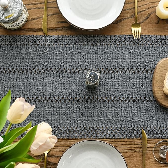 Artoid Mode Dark Grey Farmhouse Woven Rustic Hollow Table Runner, Seasonal - Image 3