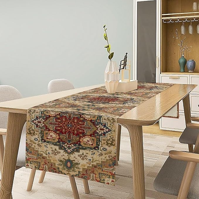 Boho Bohemia Style Table Runner, Vintage Yellow Brown Retro Flower Rustic - Image 3