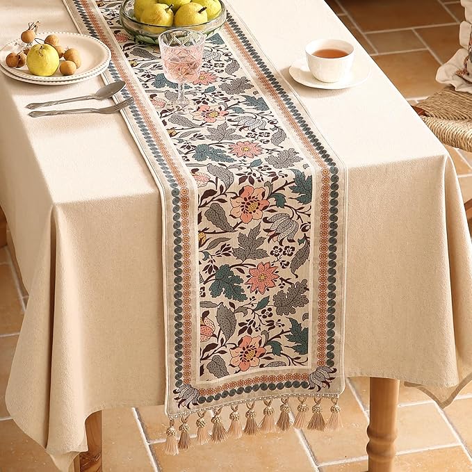 ISAENNE Designer Bohemian Linen Table Runner 87 Inches Long, Elegant Lotus - Image 2