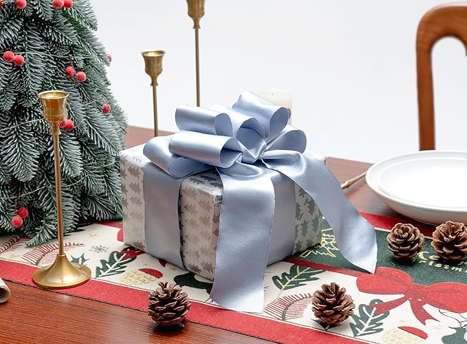 Light Blue Satin Wired Ribbon 2-1/2 Inch Double-Faced Sliver Glitter Christmas - Image 4