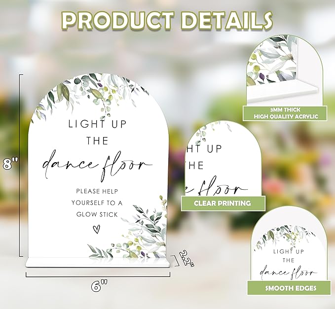 Greenery Glow Stick Sign, 6 x 8 Inch White Arch Acrylic Wedding Sign - Image 2