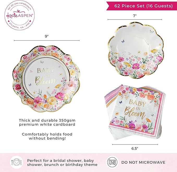 Kate Aspen Baby in Bloom 62 Piece Party Tableware Set Baby Shower Party - Image 6