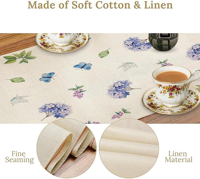 Spring Hydrangea Flower Table Runner, Seasonal Summer Plants Watercolor Florals - Image 5