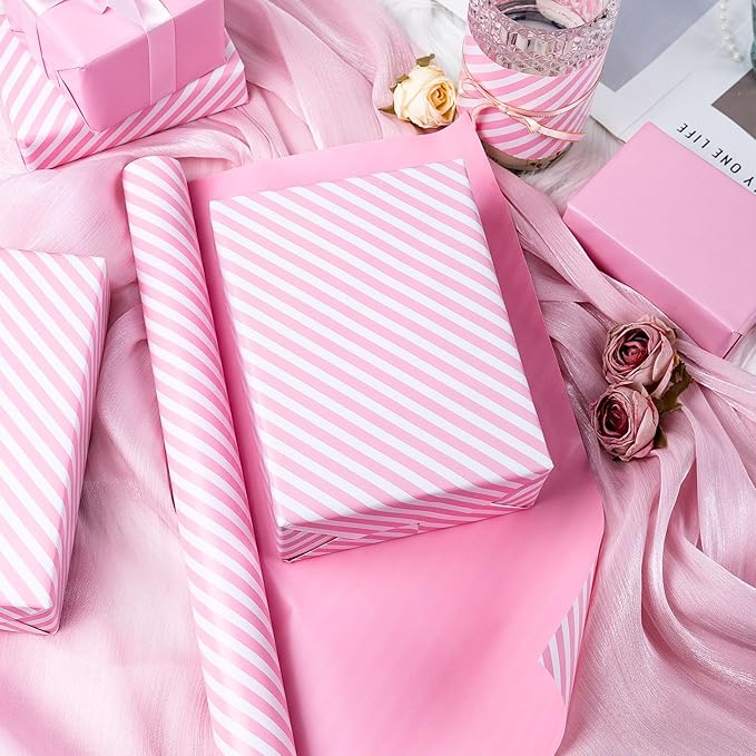 Burymento Pink and White Stripes Wrapping Paper, Reversible Pink Gift Wrap - Image 5