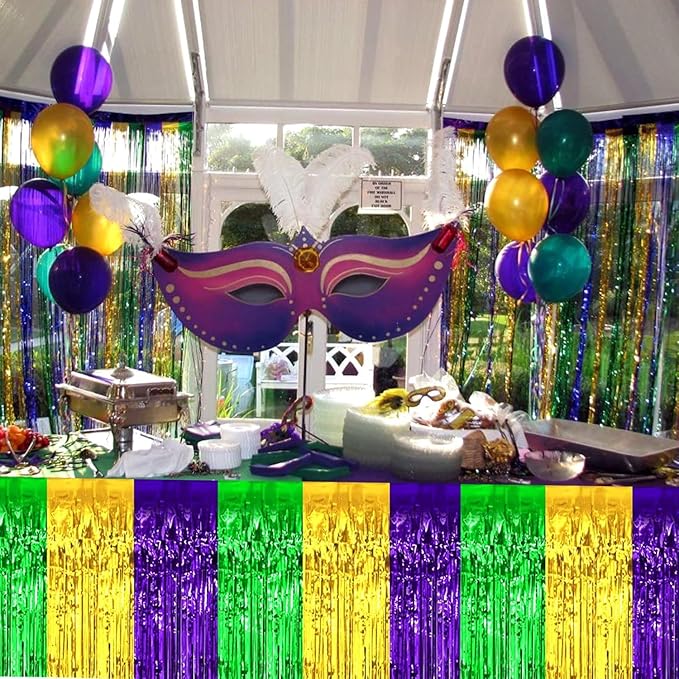 4 Pack 29x108 Inch Mardi Gras Metallic Foil Fringe Tinsel Table Skirts - Image 7