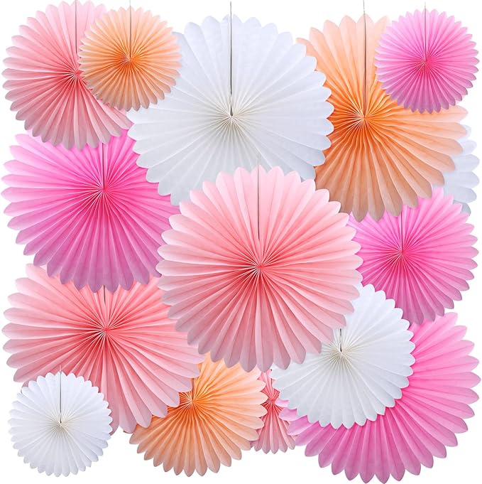 MotiMind 24 Pcs Hot Pink Paper Fans Pink Peach Party Decorations Classroom by MotiMind