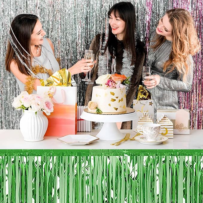 3 Pack 29 x108 Inch Light Green Foil Fringe Table Skirts Metallic Banner - Image 4