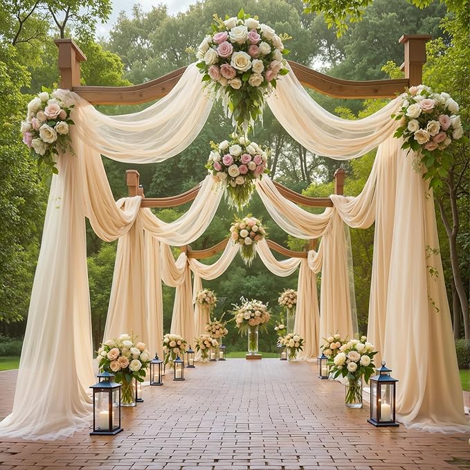 2 Panels Wedding Arch Draping Fabric Champagne Sheer Backdrop Curtain Arch Drape - Image 2