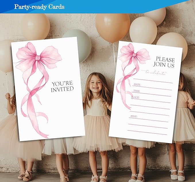 Pink Bow Birthday Invitations for Girls, Elegant Bow Birthday Party Invitaions - Image 2
