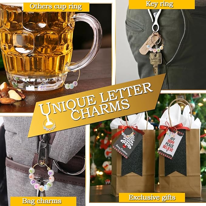 60 Sets DIY Wine Glass Charms – 780 Letter Beads 120 Gold Beads 60 Charm Rings - Image 7