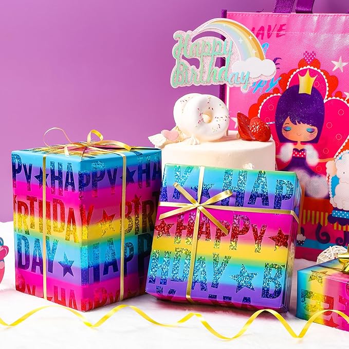 LeZakaa Holographic Birthday Wrapping Paper Roll, Happy Birthday Lettering - Image 5