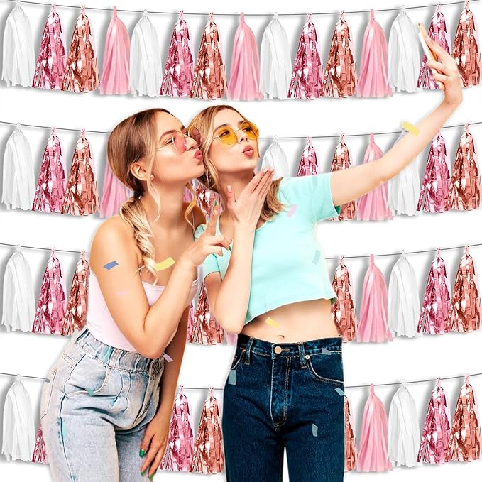 4P Rose-Gold Pink White Foil Fringe Tassel Banner Garland Metallic Tinsel - Image 4