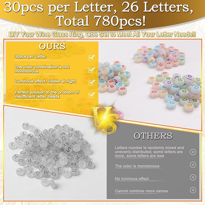 60 Sets DIY Wine Glass Charms – 780 Letter Beads 120 Gold Beads 60 Charm Rings - Image 3