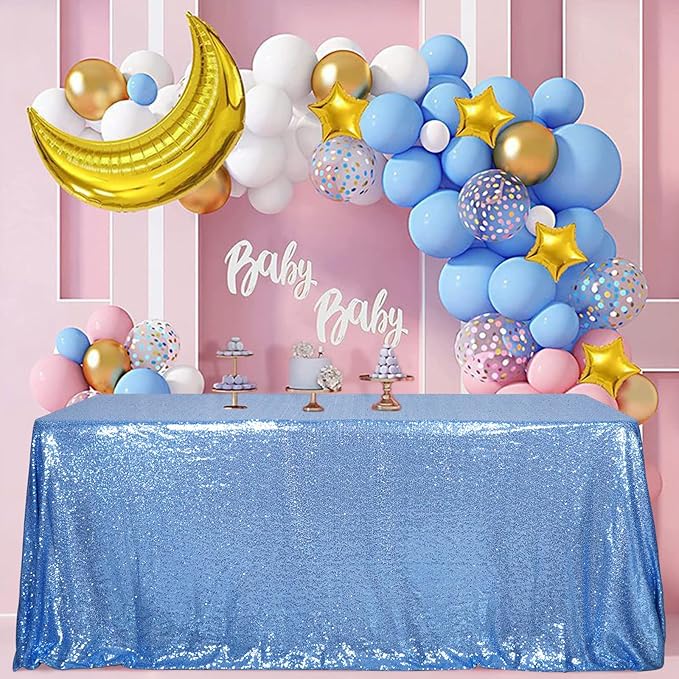 SquarePie Sequin Tablecloth 90 x 132 Inch Baby Blue Sparkly Table Linen by SquarePie