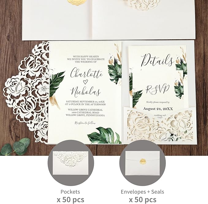 DORIS HOME 50pcs Laser Cut Wedding Invitation Pockets - Image 6