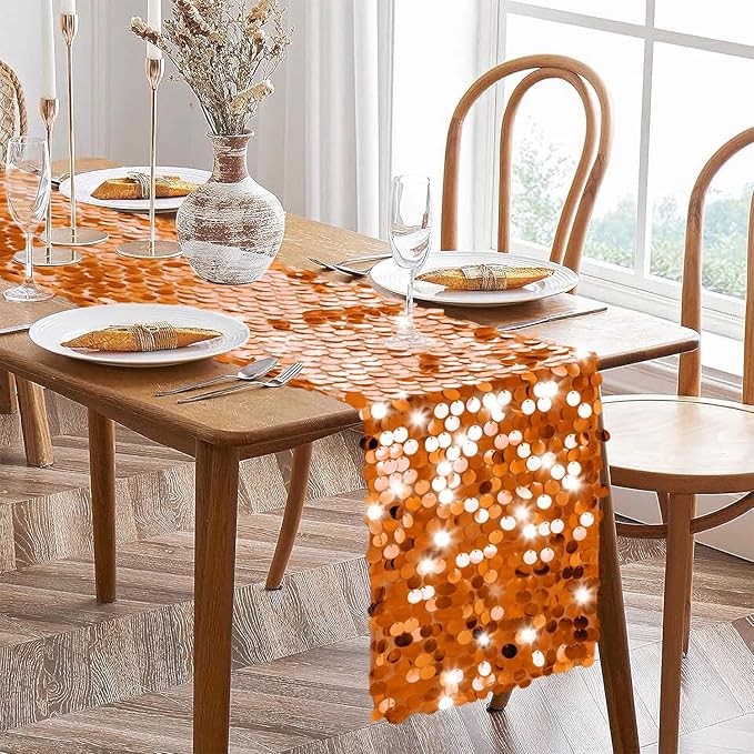 VHH Sequin Table Runner 12 x 108 inches Orange Table Runner, Glitter Runner - Image 3
