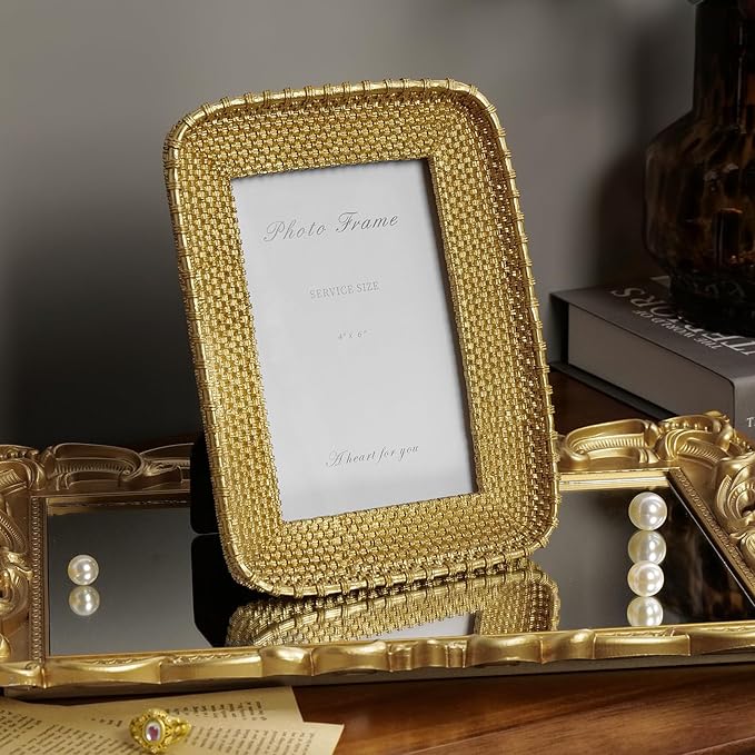 Cuspin 4x6 Picture Frame Vintage Gold Metal Rattan Textured Hand-Crafted Photo - Image 2