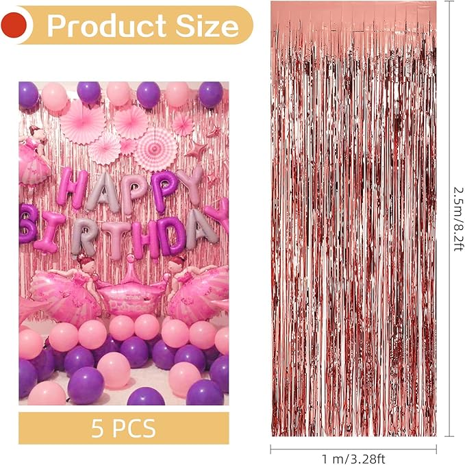 5 Pack Rose Gold Fringe Backdrop 3.2ft x 8.2ft Foil Curtain Tinsel Fringe - Image 3