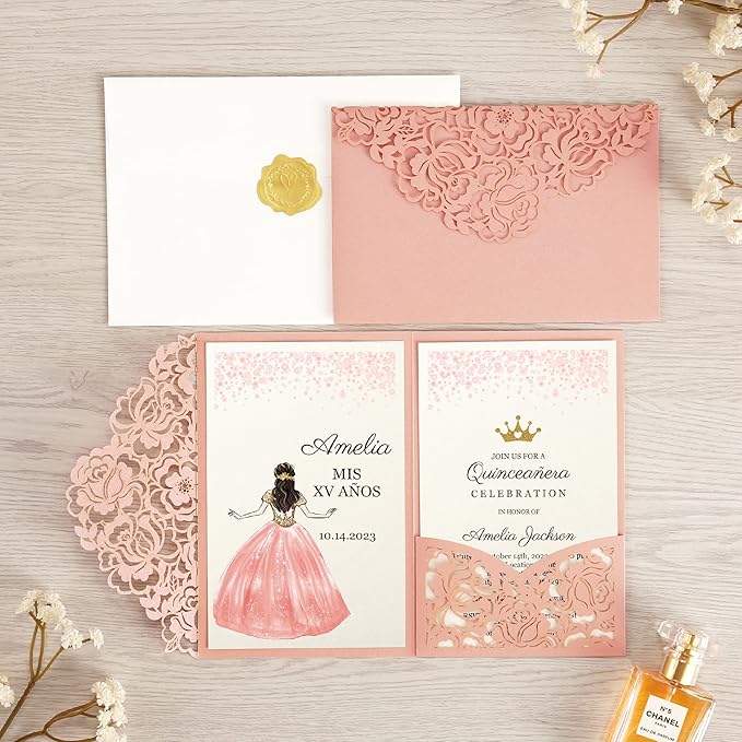DORIS HOME 50pcs Laser Cut Quinceanera Invitations Pink, 4.7x7.1 Personalized - Image 2