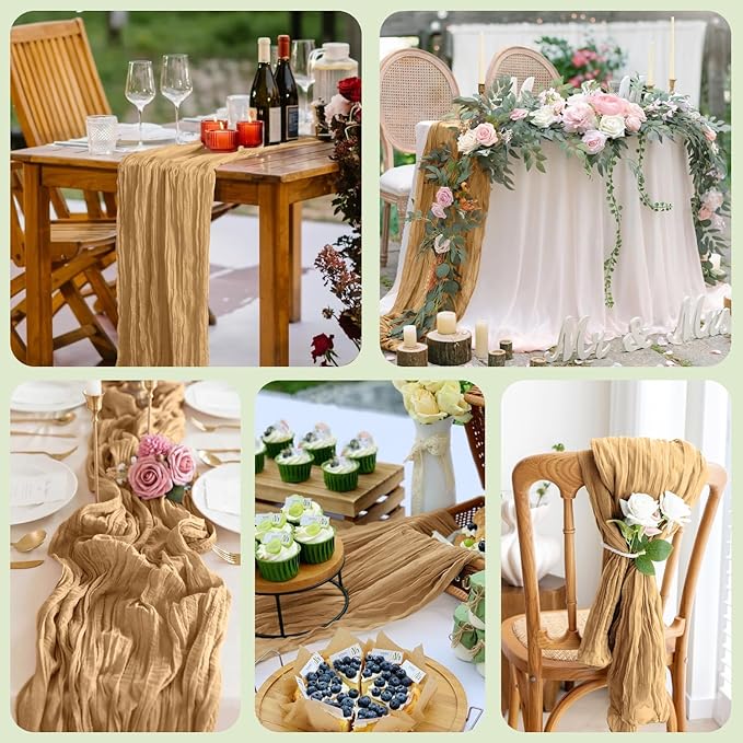 Asee'm 2pcs Cheesecloth Table Runner 120 Inches Long Khaki Boho Gauze Cheese - Image 7