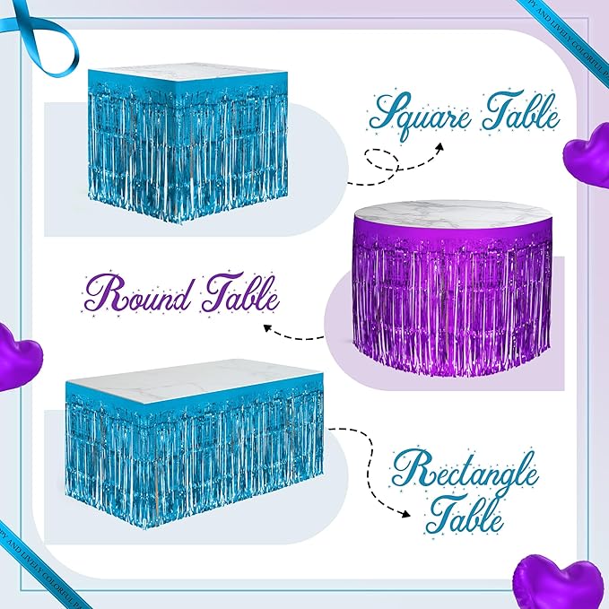 2 Pack Lake Blue Dark Purple Table Skirts, 29x108" Metallic Foil Tinsel Fringe - Image 4