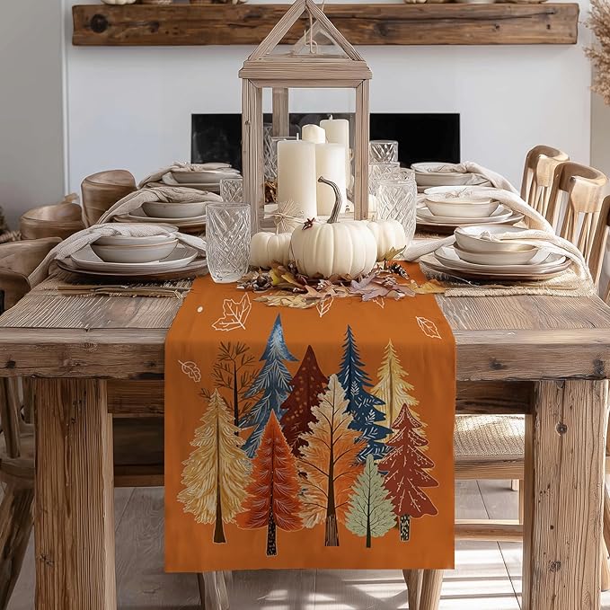 GEEORY Fall Watercolor Trees & Maple Leaves Table Runner 13x108 Inch, Rustic - Image 5