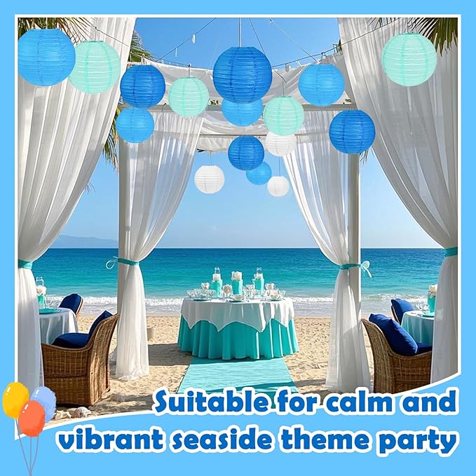 12Pcs Blue and White Paper Lanterns Assorted Sizes - Image 4