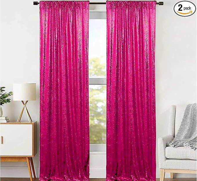 JYFLZQ Hot Pink Sequin Backdrop Curtain 2x8ft 2 Panel Fuchsia Glitter Photo by JYFLZQ