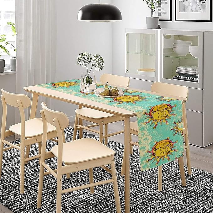 Retro Sun Moon Table Runner, Phase of The Moon Vintage Cloud Table Runner - Image 8