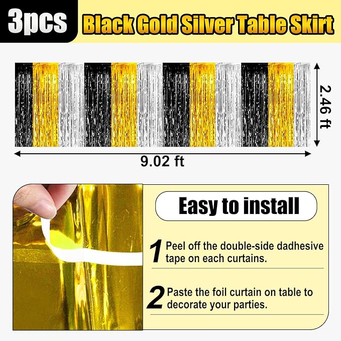 3 Pack 29 x108 Inch Black Gold Silver Foil Fringe Table Skirts Metallic Banner - Image 2