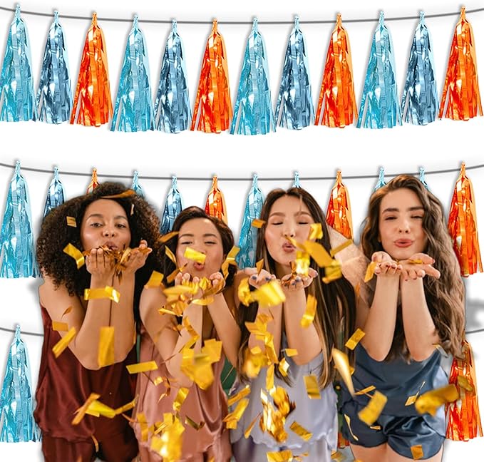 3P Lake Blue Light Blue-Orange Metallic Fringe Tassel Banner Garland Foil - Image 6