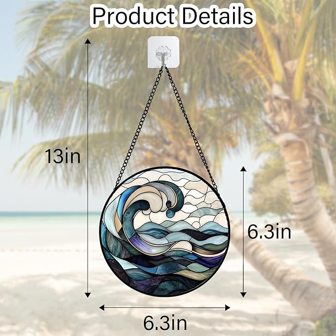 Stained Glass Window Hanging, Ocean Waves Sun Catchers Diamond Glass Panel - Image 2