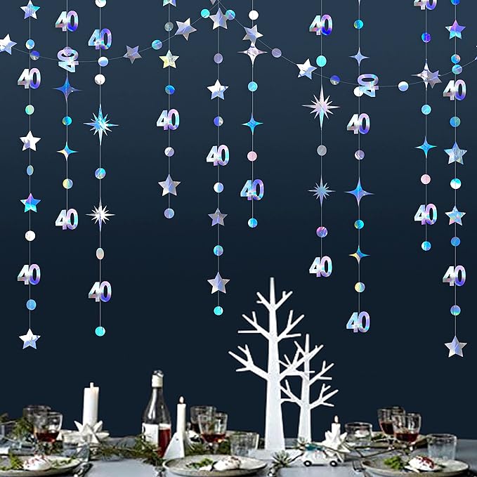 Iridescent 40th Birthday Decorations Number 40 Circle Dot Twinkle Star Garland - Image 3