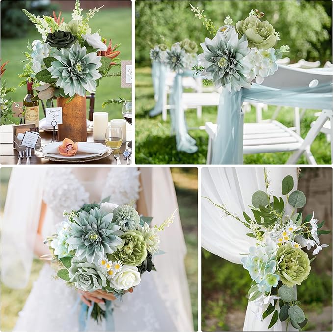 AmyHomie Forest Sage Green White Artificial Flowers Combo Silk Rose Fake - Image 4
