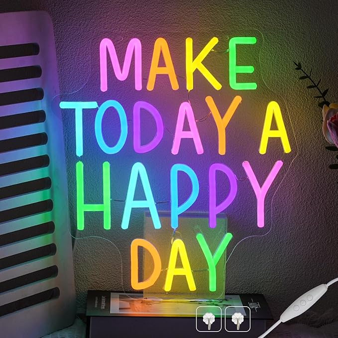Make Today A Happy Day Neon Sign, Inspirational Colorful Letter Neon Light by CHANNEONNEONSIGN