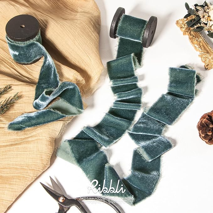 Ribbli Dusty Green Velvet Ribbon 1.5 Inch Handmade Frayed Vintage Steel Blue - Image 2