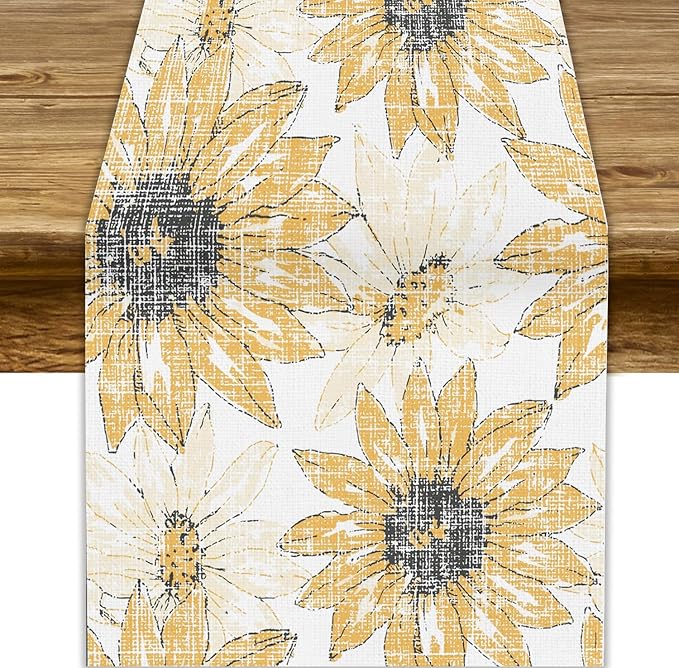Chrysanthemum Vintage Floral Table Runner, Elegant Grunge Orange Sunflower by ShiTingYu
